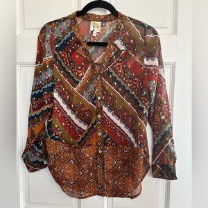 Anthropologie Fig and Flower Multicolor Button Shirt with Gold Thread. Small